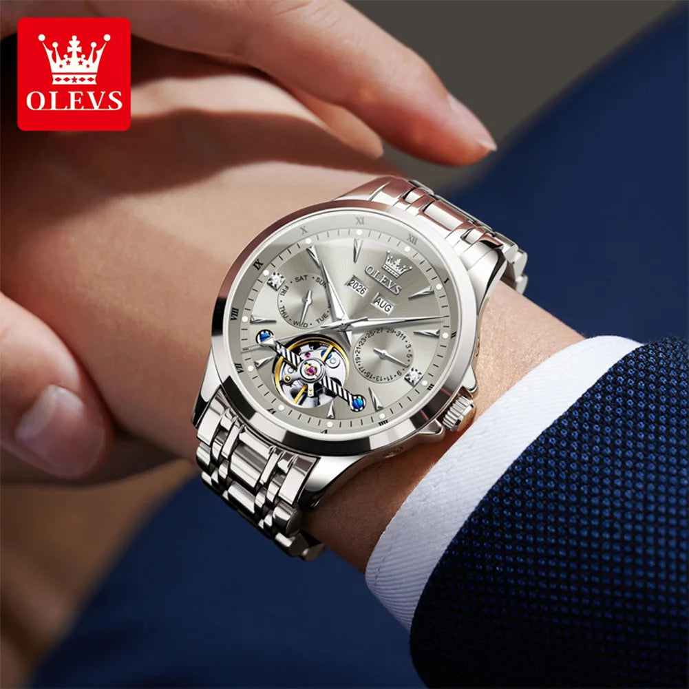 OLEVS 7091 Mens Watch Original Flywheel Automatic Mechanical Watch For Man Perpetual Calendar Waterproof Luminous Luxury Reloj