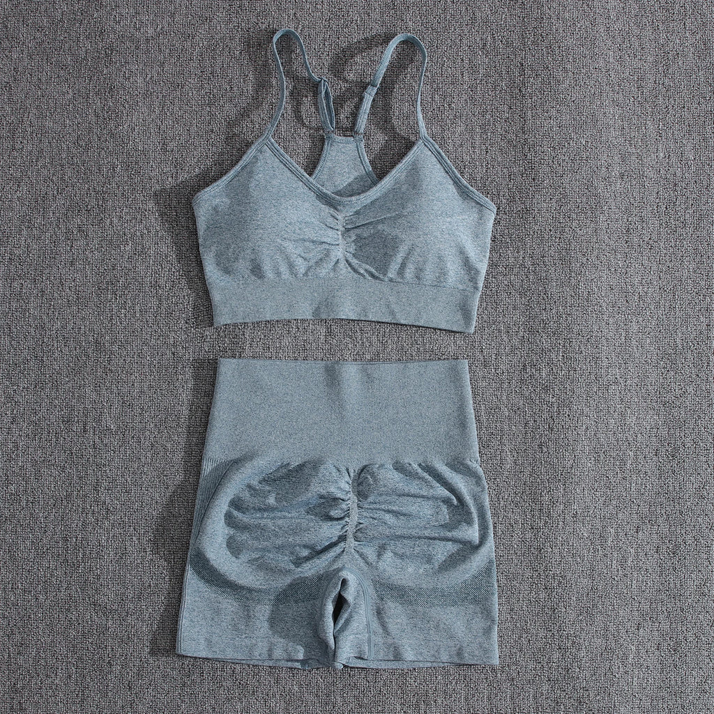 Solid Women Two Piece Sets Peach Buttocks Shorts Female Trackuists Gym Set Halter Fitness Shorts Push Up Bra Summer