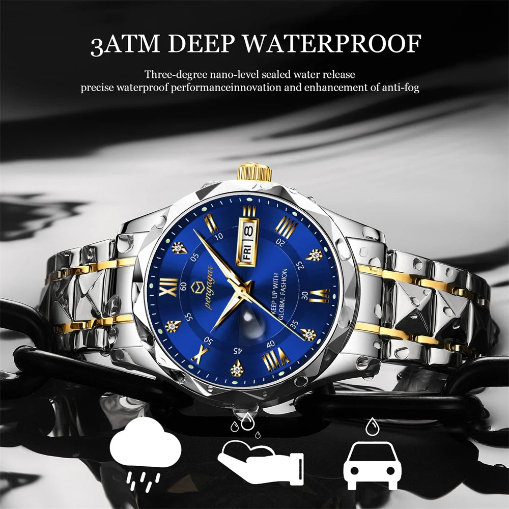 PENGAGAR Luxury Square Sport Man Wristwatch Waterproof Luminous Chronograph Quartz Men's Watches Stainless Steel Men Watch Reloj