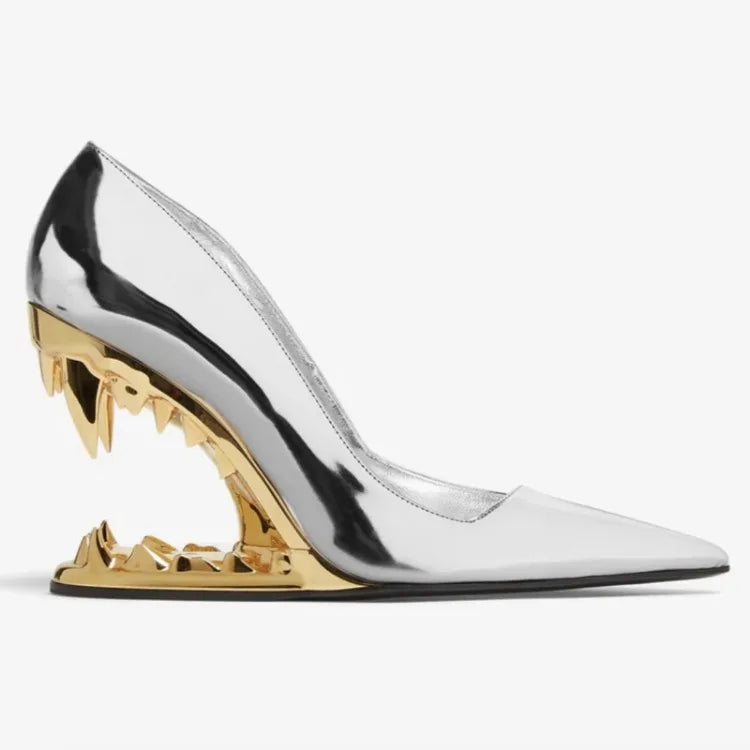 New Fashion Silver Gold Tiger Teeth Shaped High Heels Shose European American Runway Styles Banquet Wedding Bride Single Shoes