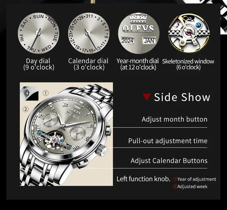 OLEVS 6607 Fully Automaitc Watches Stainless Steel Skeleton Flywheel Dual Calendar Top Luxury Brand Men's Mechanical Wristwatch