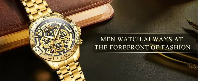 OLEVS Men's Watches Gold Luxury Hollow Out Style Original Quartz Watch for Man Waterproof Luminous Chronograph Date 24 Hours