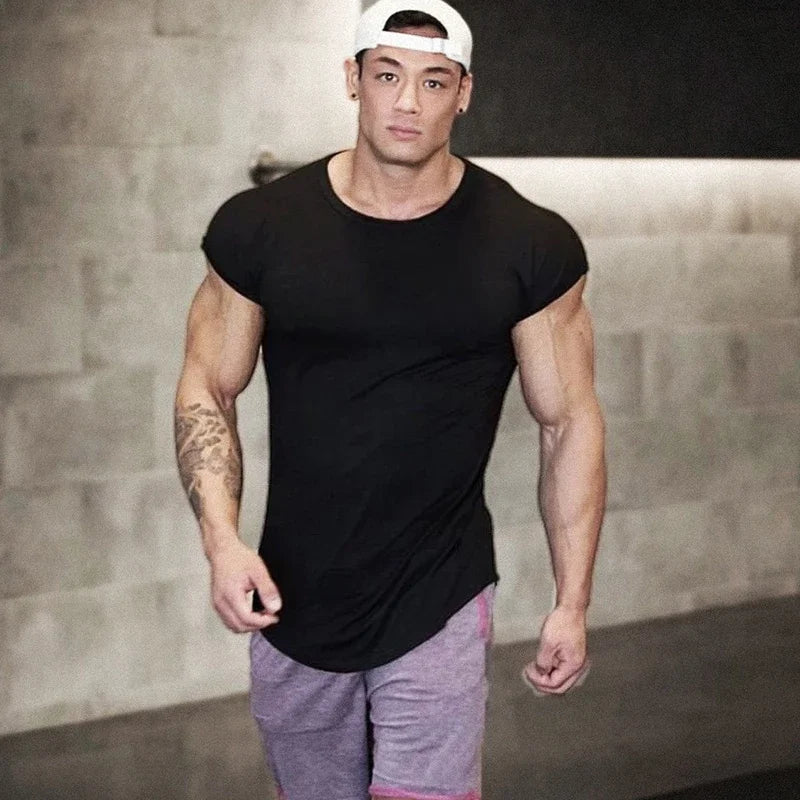 Plain Mens Workout Muscle Clothing Gym Bodybuilding Fitness Sport T-shirt Cotton Breathable Small Sleeve Casual Hip Hop Shirts