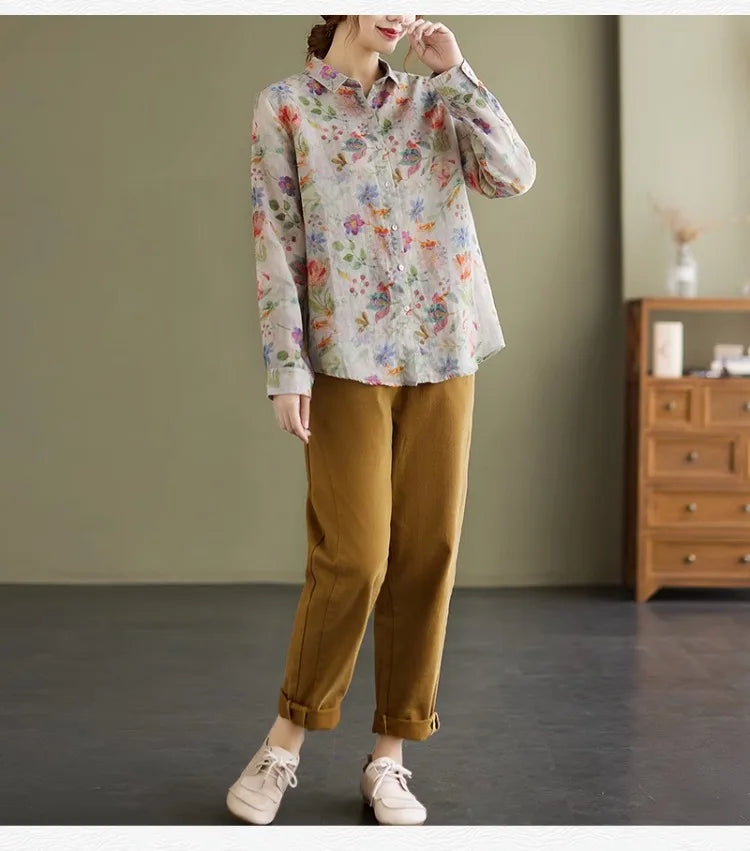 Women's Clothing Shirts Blouse Camisas Women Shirts Vintage Blusa Mujer Cotton Linen Casual Print Long Sleeve Flower Autumn