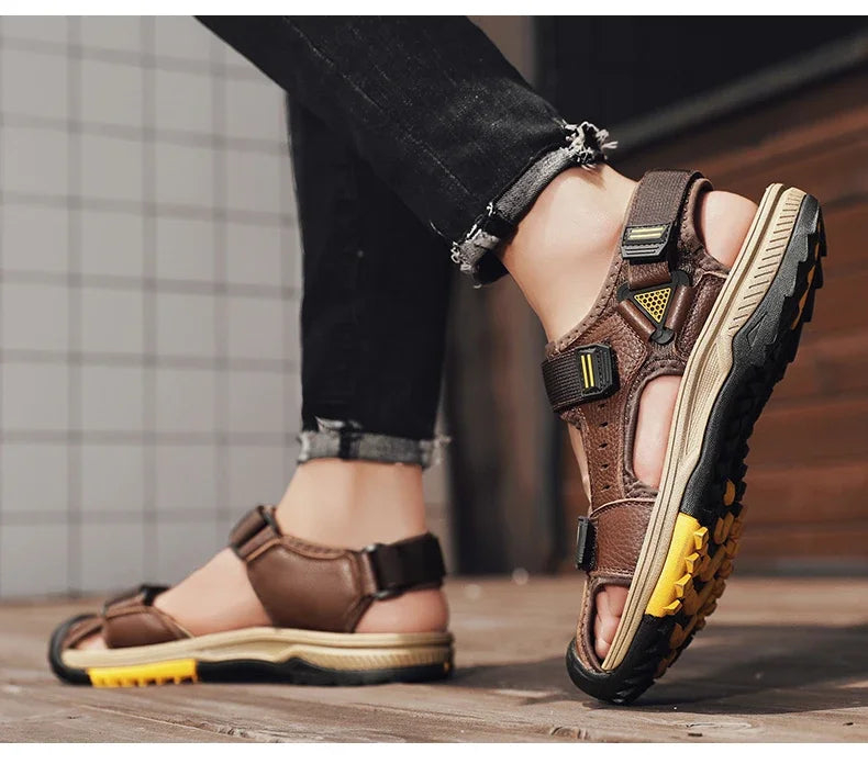 Summer Breathable Genuine Leather Men Sandals Waterproof Non-Slip Large Size flip flops Beach shose For Outdoor Anti-Collision