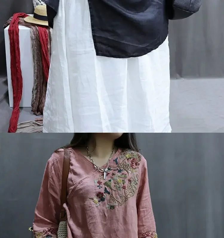 Cotton and Linen Women Clothing 2025 Summer New Print Retro Embroidery Loose Slim and Fashionable Shirt