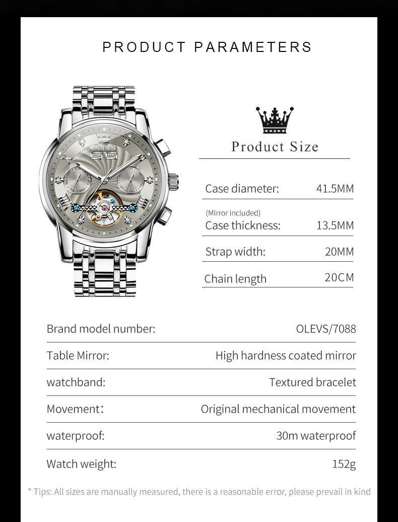 OLEVS Men's Watches 7088 Luxury Trend Fashion Automatic Mechanical Watch for Man Hollow Quartz Movement Complete Calendar Week
