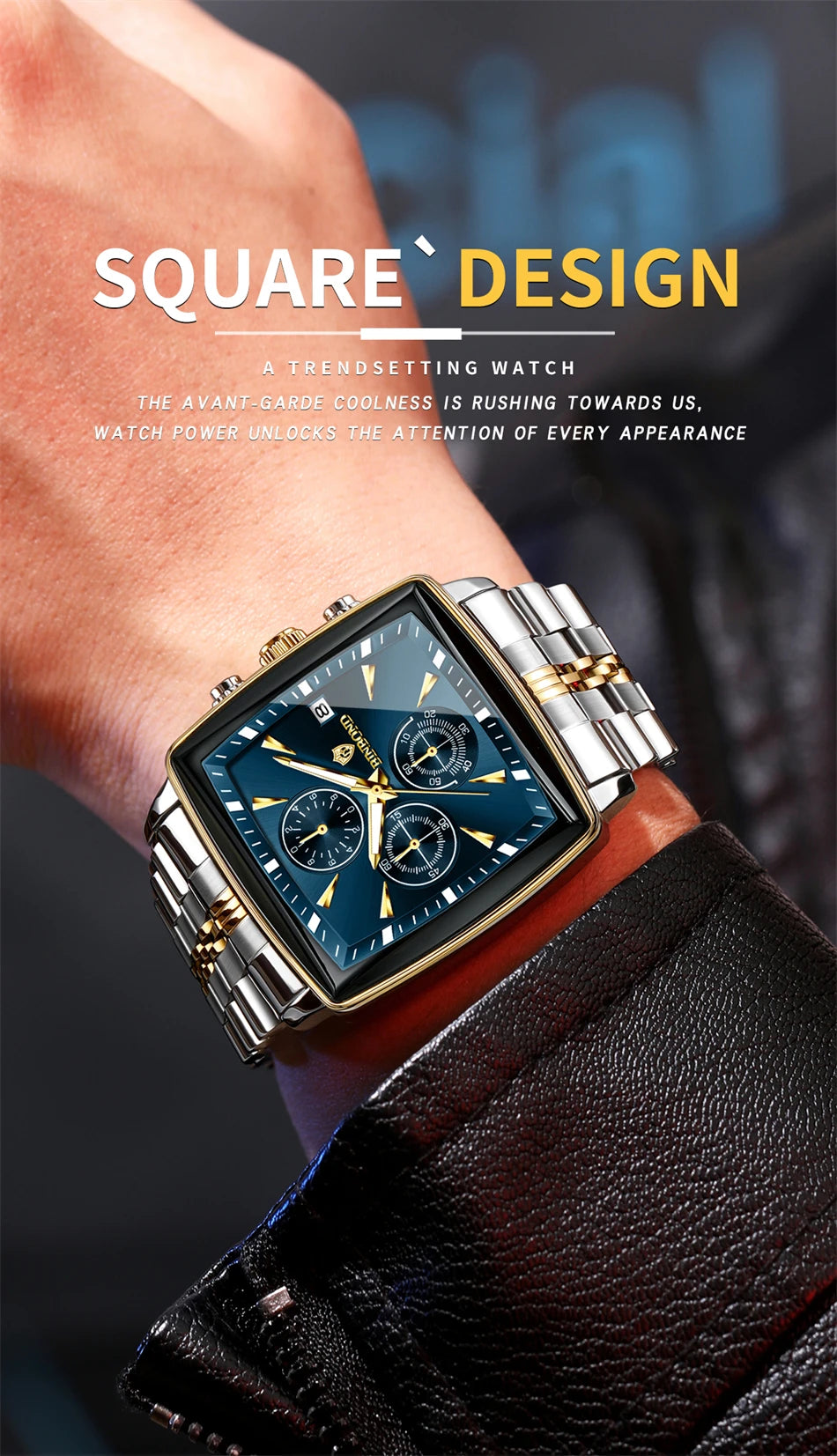 BINBOND Luxury Square Sport Man Wristwatch Waterproof Luminous Chronograph Quartz Men's Watches Stainless Steel Men Watch Reloj