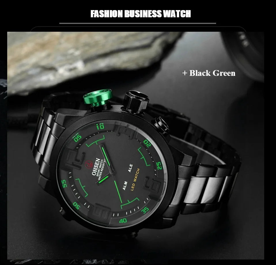 Fashion Sport Watch Men Digital Quartz LED Steel Strap Man Dual Time Watch 3ATM Waterproof Military Wristwatches Relogios
