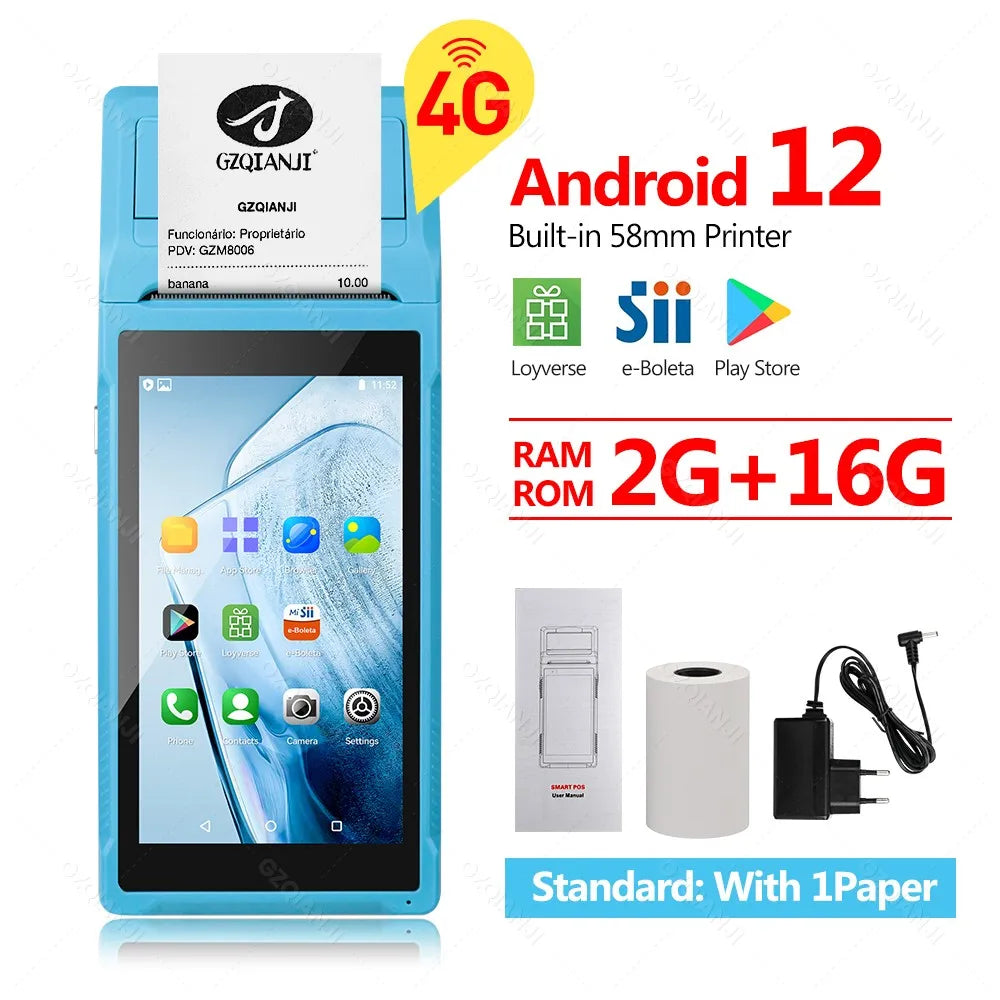 4G 3G Android 12/8.1 PDA POS System & 58mm Thermal Printer Bluetooth WiFi Handheld POS Terminal 5.5'' Touch Screen Loyverse app