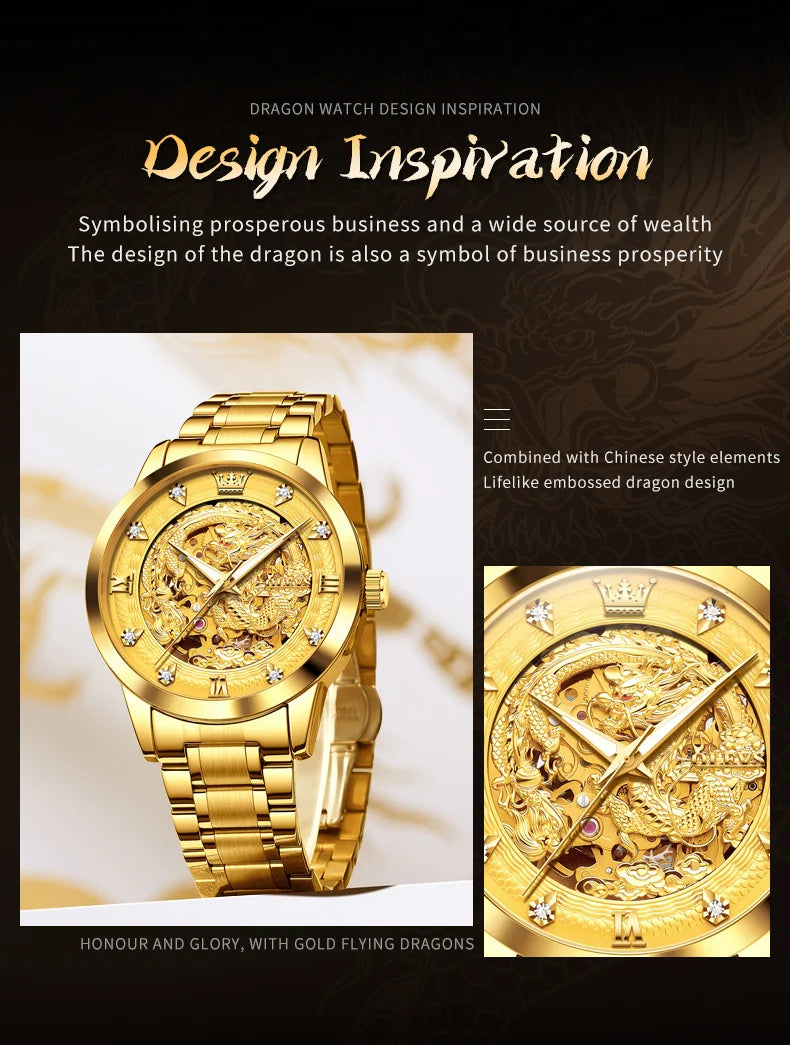 OLEVS Japan Automatic Mechanical Men's Watches High-end Luxury Brand Original Stainless Steel Hollowed Dragon Watch for Men 7027