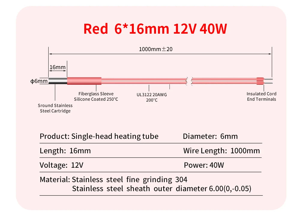 Trianglelab 3D Printer 6*20MM 12V/24V 40W Heater Cartridge With 100CM cable For 3D Printer for PT100 HOTEND Volcano MK8 MK9