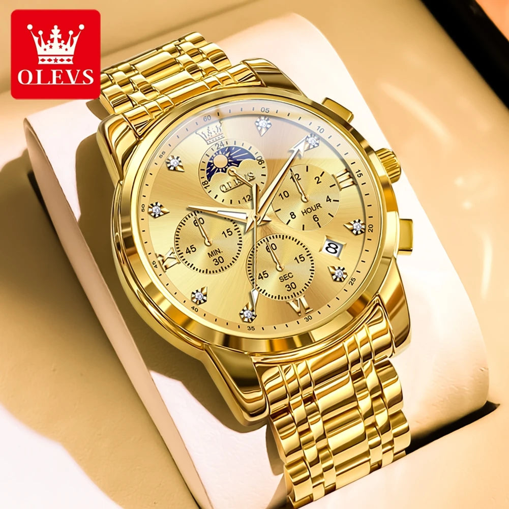 OLEVS 3655 Moon Phase Classic Three Eye Dial Men's Watch Stainless Steel Watch for Male Butterfly Buckle Waterproof Quartz watch