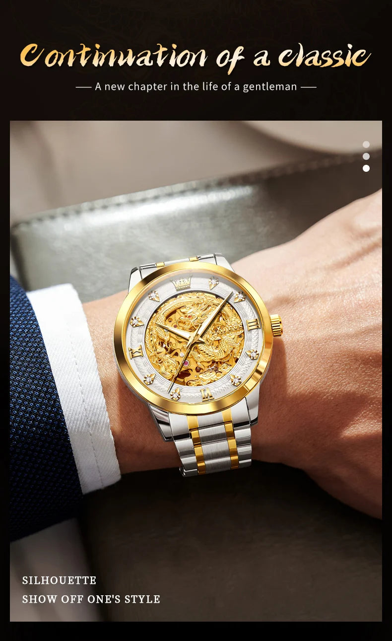 OLEVS Japan Automatic Mechanical Men's Watches High-end Luxury Brand Original Stainless Steel Hollowed Dragon Watch for Men 7027