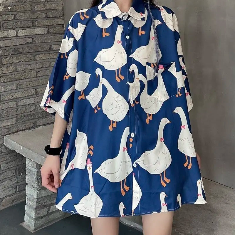 Deeptown Kawaii Button Up Shirt Animal Cat Print Blouse Women Japan Style 2024 Summer Hawaii Graphic Cardigan Casual Cute Tops