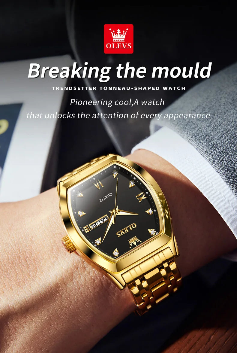 OLEVS Men's Watches Luxury Tonneau Original Top Brand Quartz Watch for Men Waterproof Luminous Week Date Male Wristwatch