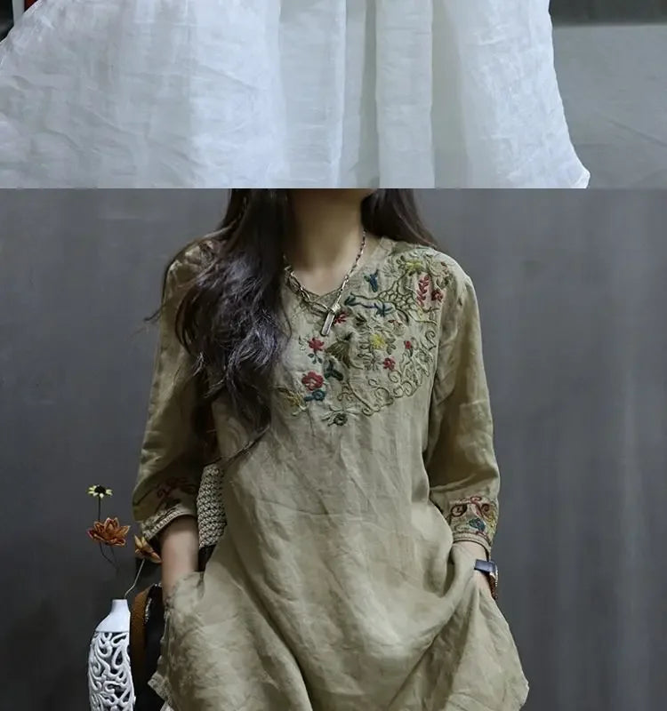 Cotton and Linen Women Clothing 2025 Summer New Print Retro Embroidery Loose Slim and Fashionable Shirt