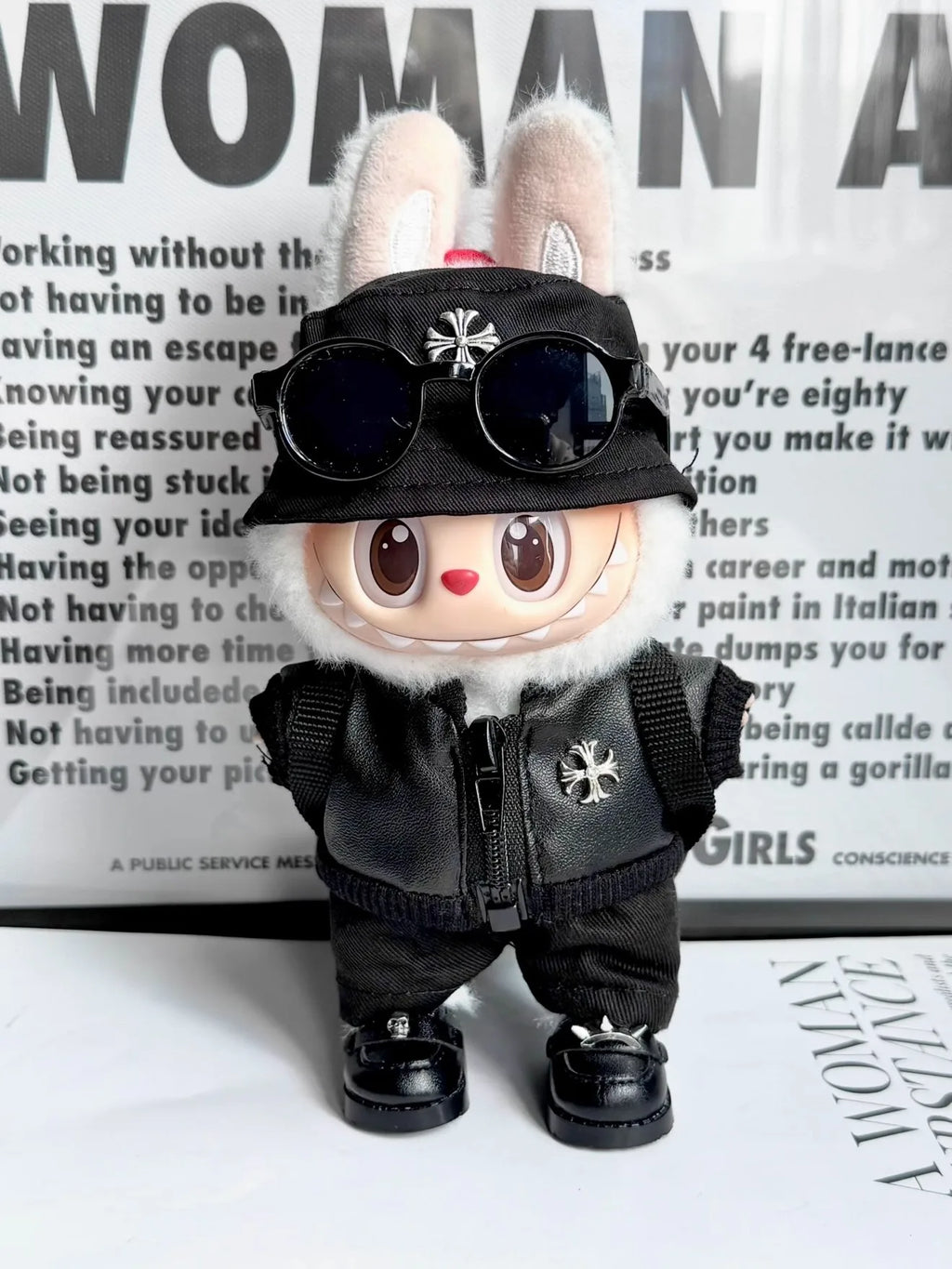 Clothes only] Labubwa clothes, black trendy cool leather jacket set, cute first, second and third generation clothes, hats, back