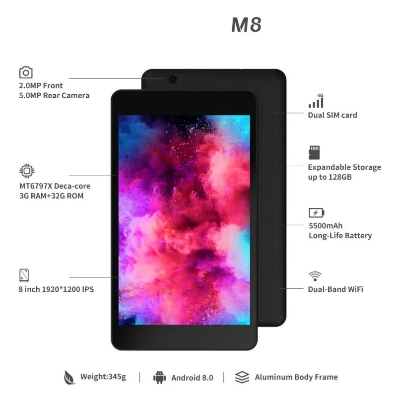 1920x1200 Pixels 8” Android 8.0 Tablet 3GB RAM 32GB ROM 10-Core MTK6797 4G Phone Call Dual SIM Card WIFI Support GPS Bluetooth