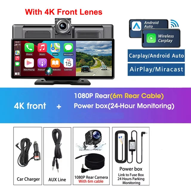 Srnubi 10.26" Dash Cam Rearview Carplay Android Auto 4K DVR Navigation Player Dual Len Recorder Dashboard WIFI BT