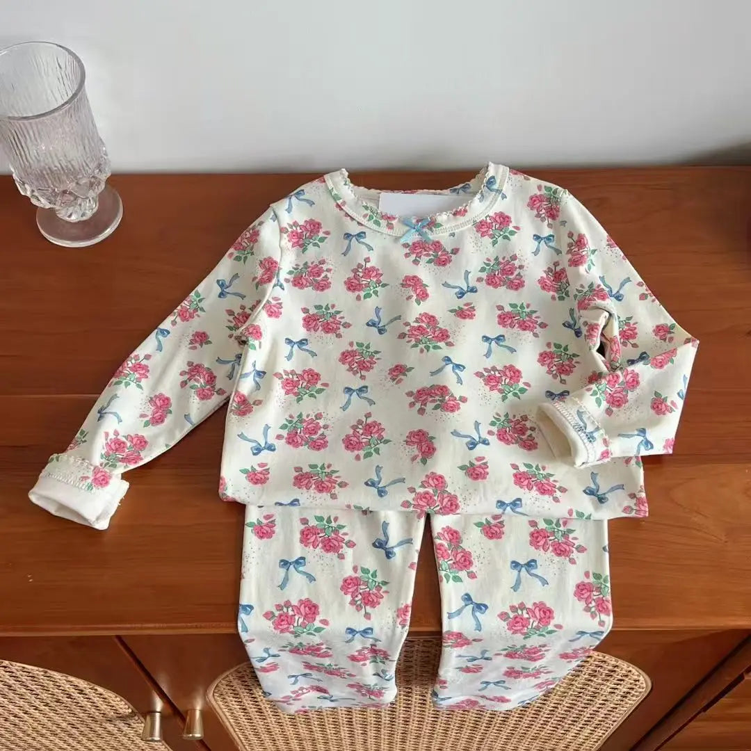 Children's Clothings 2025 New Autumn Winter Baby Girls Homewear Flower Cotton Printed Shirts Leggings Pants Set Korean Clothes