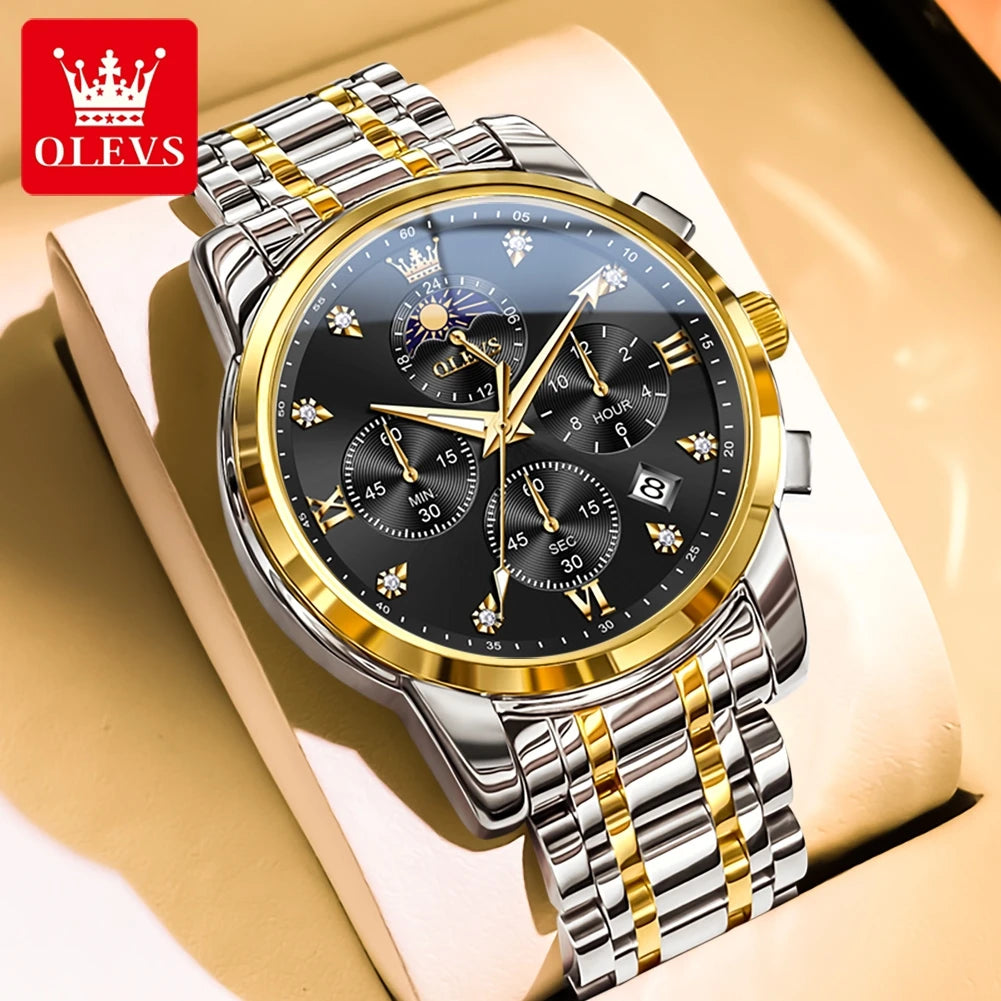 OLEVS 3655 Moon Phase Classic Three Eye Dial Men's Watch Stainless Steel Watch for Male Butterfly Buckle Waterproof Quartz watch