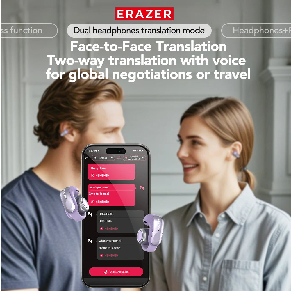 Translator ERAZER XF28 Bluetooth V6.0 Open-ear True Wireless EarbudsTranslation Earphones Office Travel,ASMR Headset APP