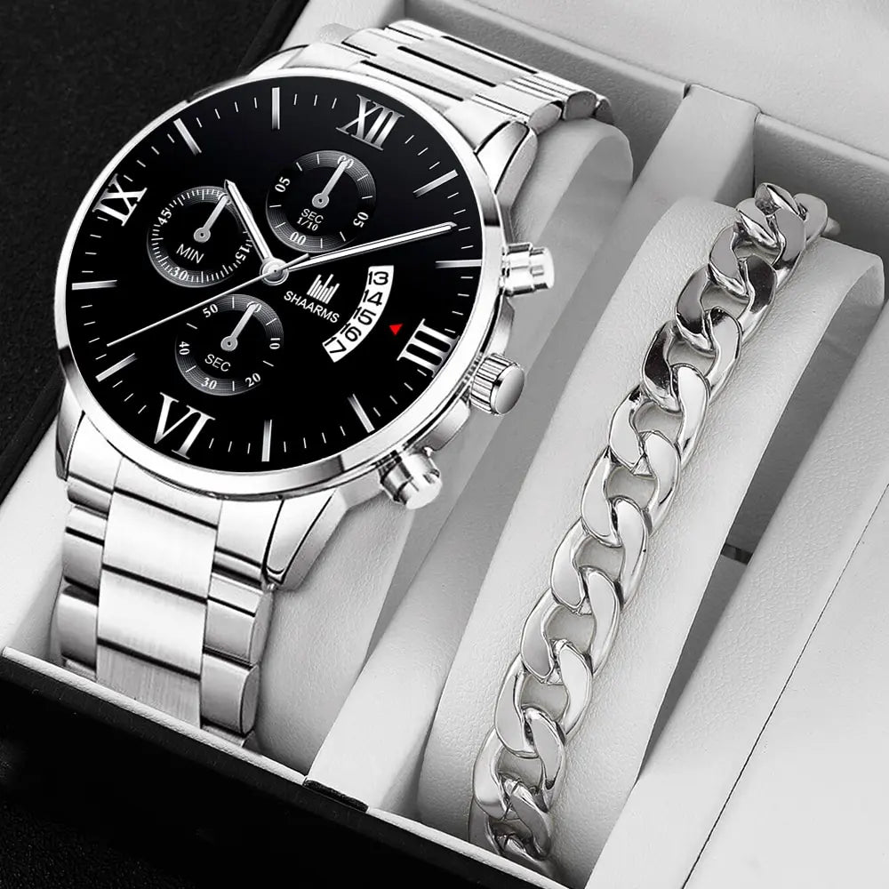 Mens Fashion Business Quartz Watch Fashion Fake Three Eye Six Pin Calendar Men Watch Stainless Steel Belt Men Watches