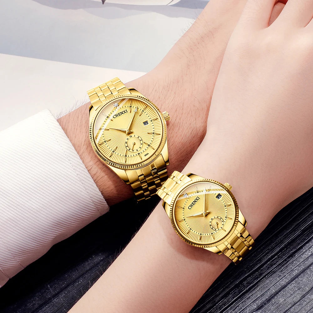 CHENXI Luxury Brand Casual Couple Watch Golden Stainless Steel Quartz Watch for Men's and Women's Waterproof Luminous Wristwatch