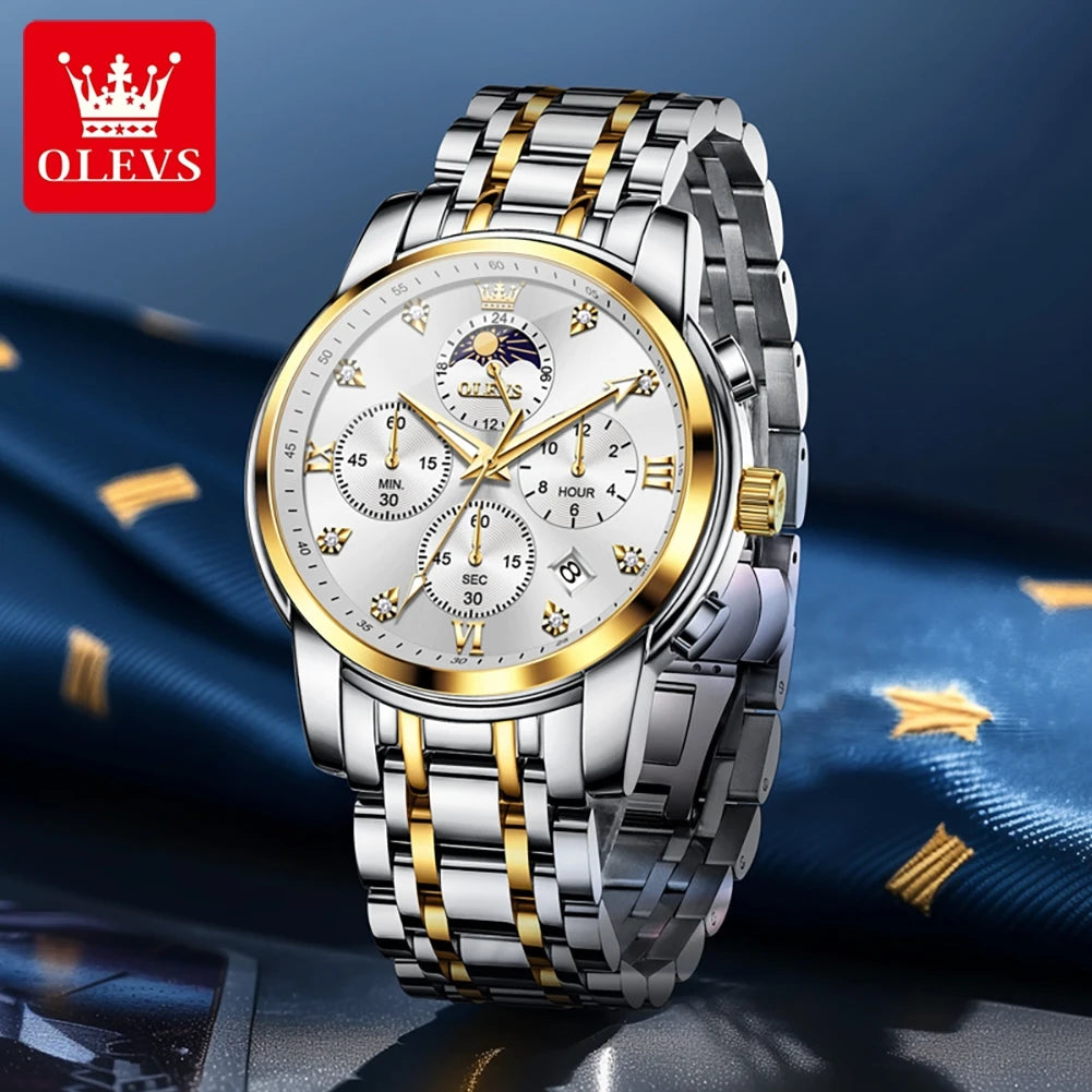 OLEVS 3655 Moon Phase Classic Three Eye Dial Men's Watch Stainless Steel Watch for Male Butterfly Buckle Waterproof Quartz watch
