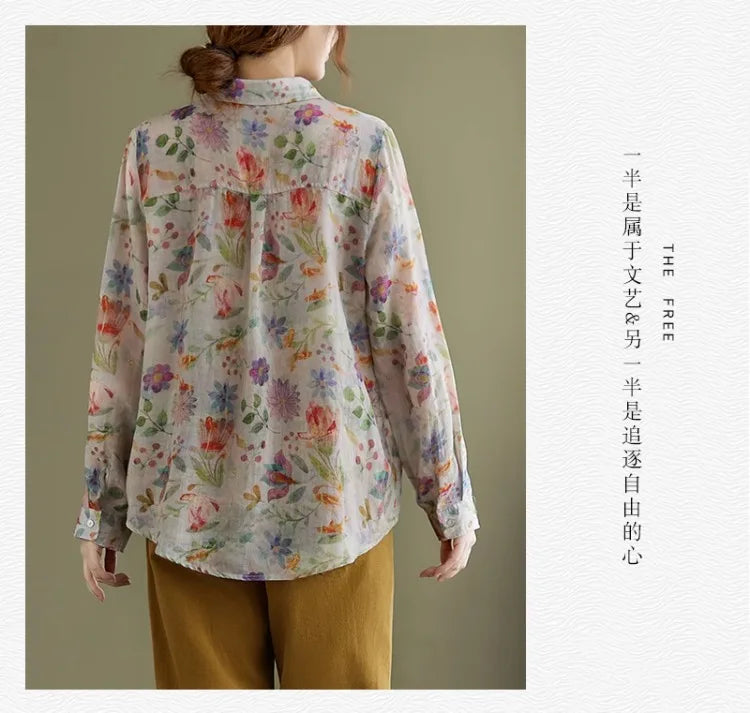 Women's Clothing Shirts Blouse Camisas Women Shirts Vintage Blusa Mujer Cotton Linen Casual Print Long Sleeve Flower Autumn