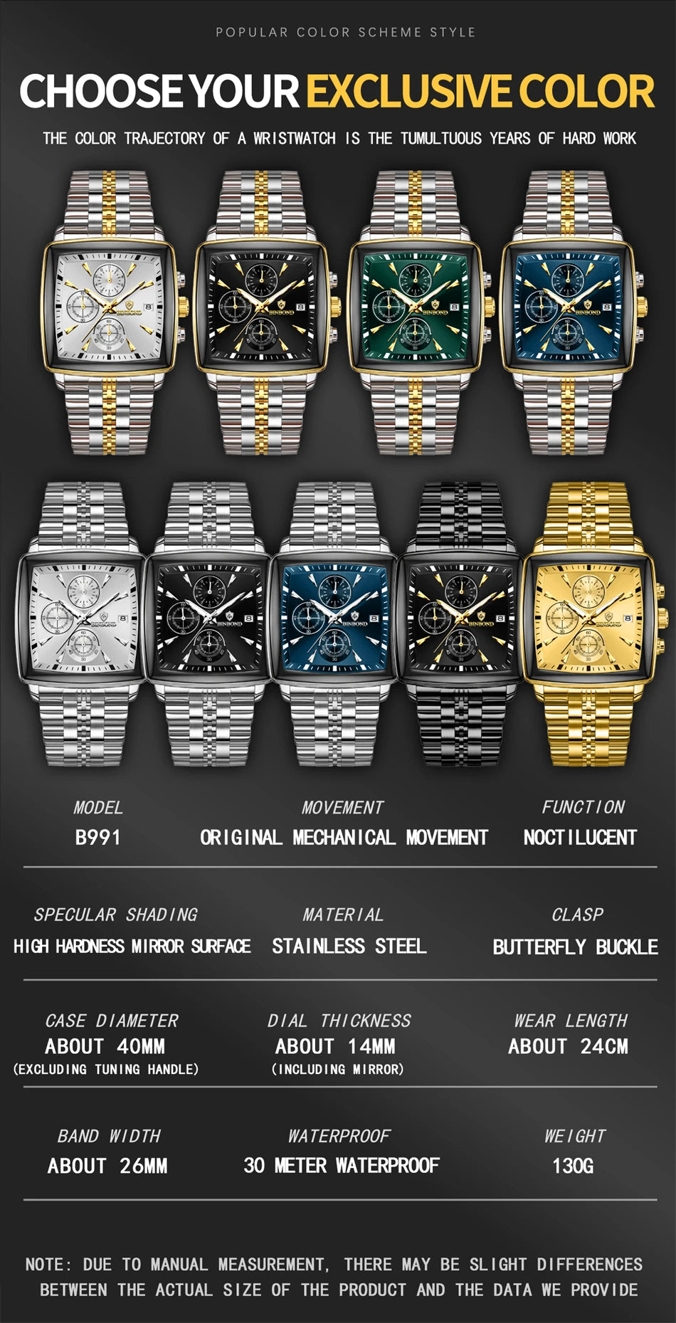 BINBOND Luxury Square Sport Man Wristwatch Waterproof Luminous Chronograph Quartz Men's Watches Stainless Steel Men Watch Reloj