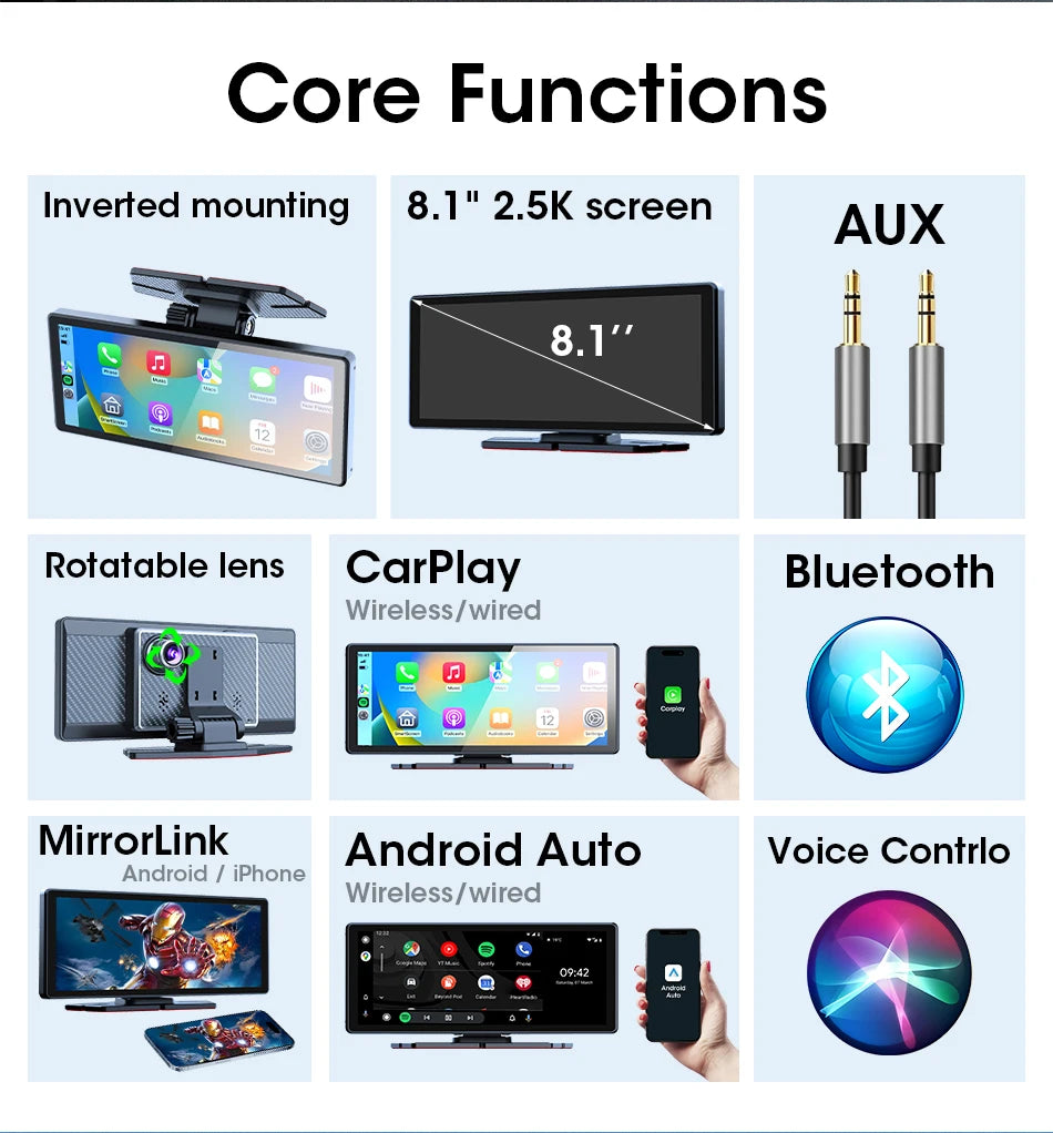 Vtopek 8.1 Inch 2.5K Dash Cam Wireless Carplay Android Auto Car DVR WiFi GPS Navigation Rearview Camera Dashboard Video Recorder