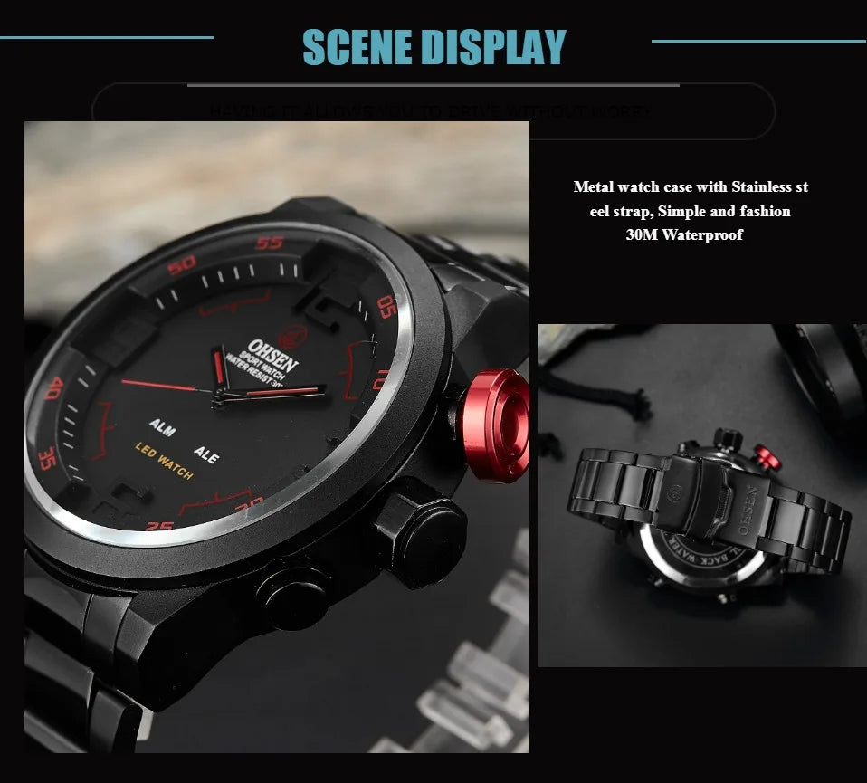 Fashion Sport Watch Men Digital Quartz LED Steel Strap Man Dual Time Watch 3ATM Waterproof Military Wristwatches Relogios