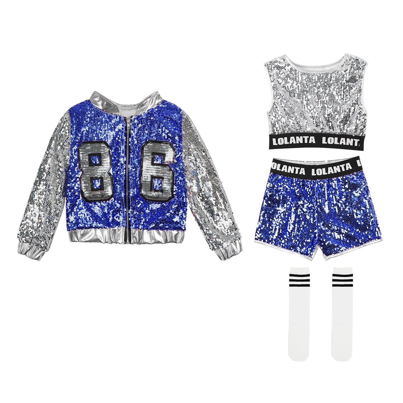 LOlanta 4-14 Years Girls Pink Sequin Crop Tops Shorts Jacket Dancewear Costume Hip Hop Modern Jazz Dance Stage Performance Wear