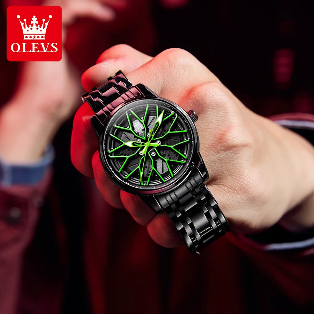 OLEVS 3701 Mens Watch Rotatable Wheel Hub Dial Fashion Quartz Watch Waterproof Luminous Stainless Steel Watches For Man Original