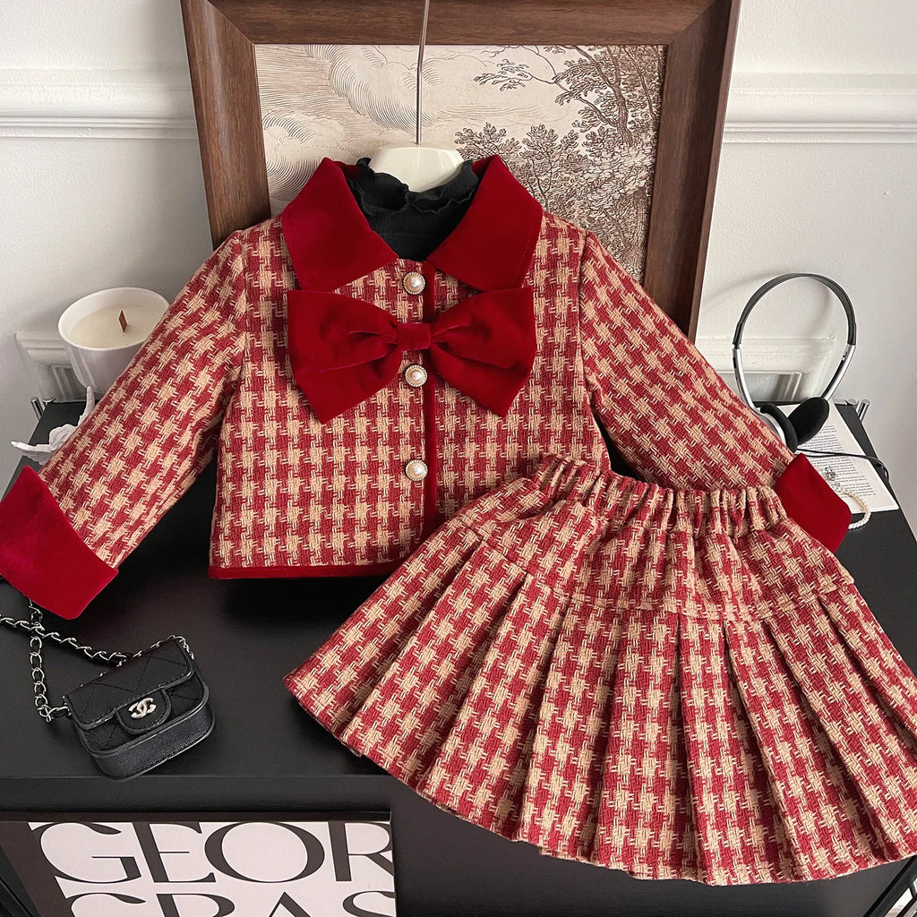 Children's Clothing Sets Red Plaid Bow Coat + Pleated Skirt Sets Winter Clothes for Girls Baby Girl Outfit Set Boutique Clothes