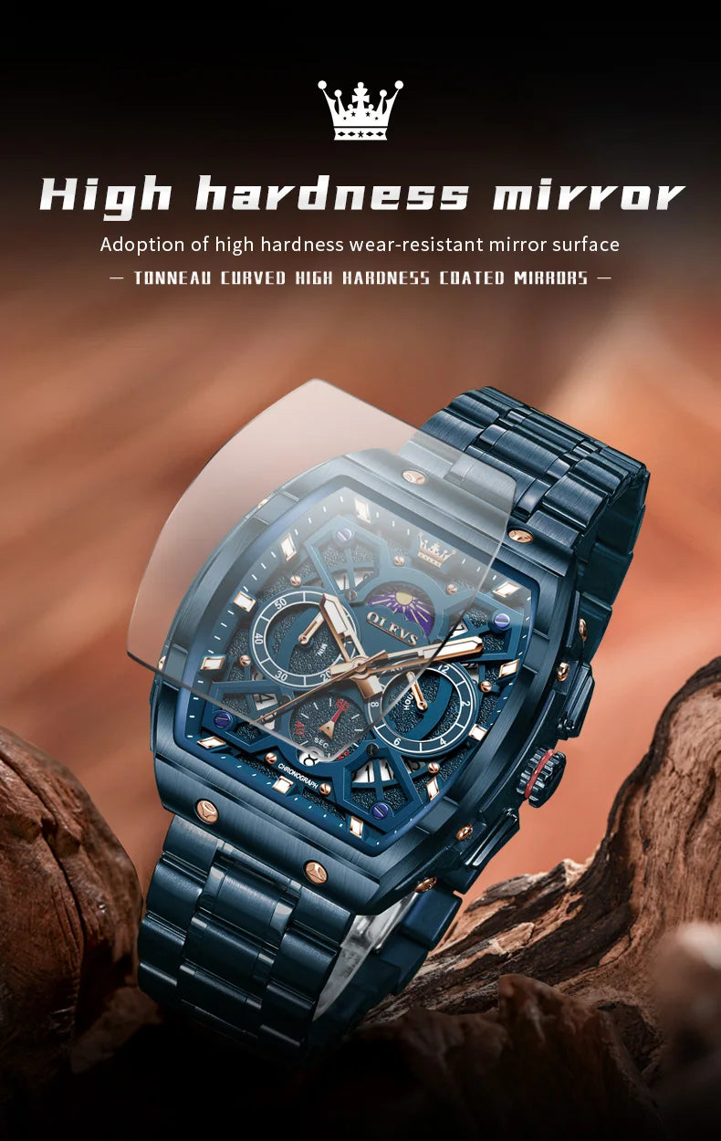 OLEVS 2942 New Mens Watch Original Tonneau Quartz Watch Waterproof Luminous Stainless Steel Watches For Men Gifts Box