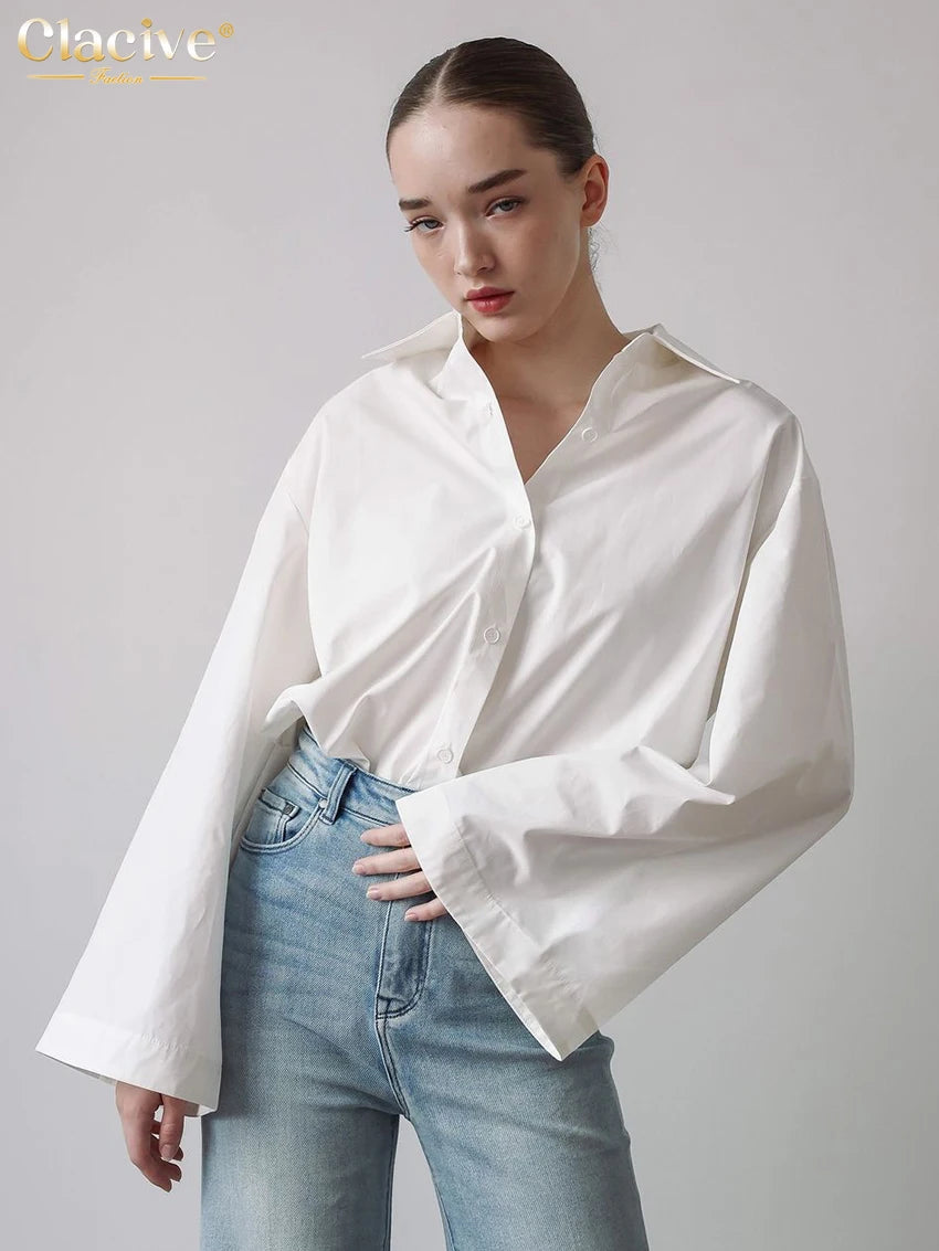 Clacive Fashion Loose White Cotton Women's Blouse 2025 Casual Lapel Long Sleeve Shirt Elegant Classic Solid Top Female Clothing
