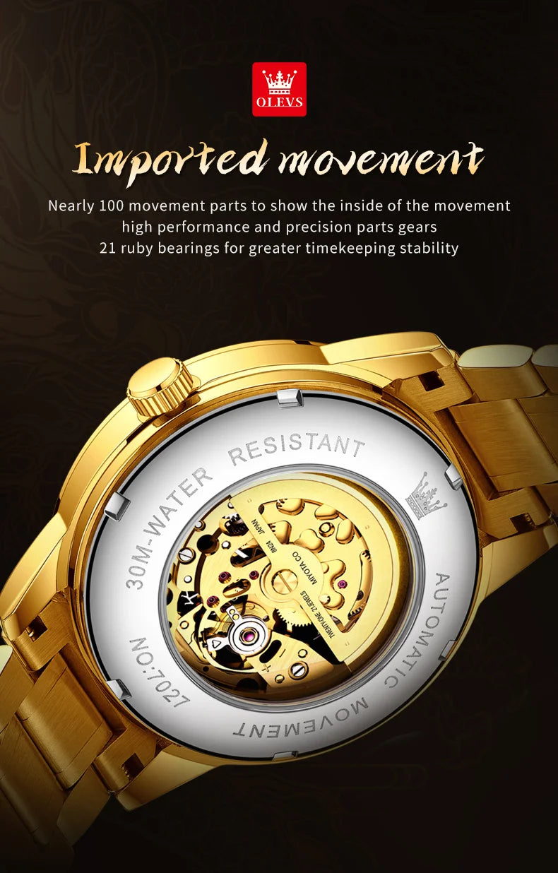 OLEVS Japan Automatic Mechanical Men's Watches High-end Luxury Brand Original Stainless Steel Hollowed Dragon Watch for Men 7027