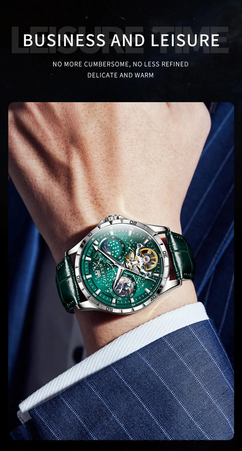 OLEVS Flywheel Skeleton Automatic Watch for Men Luminous Starry Sky Waterproof Business Wristwatch Mechanical Watch