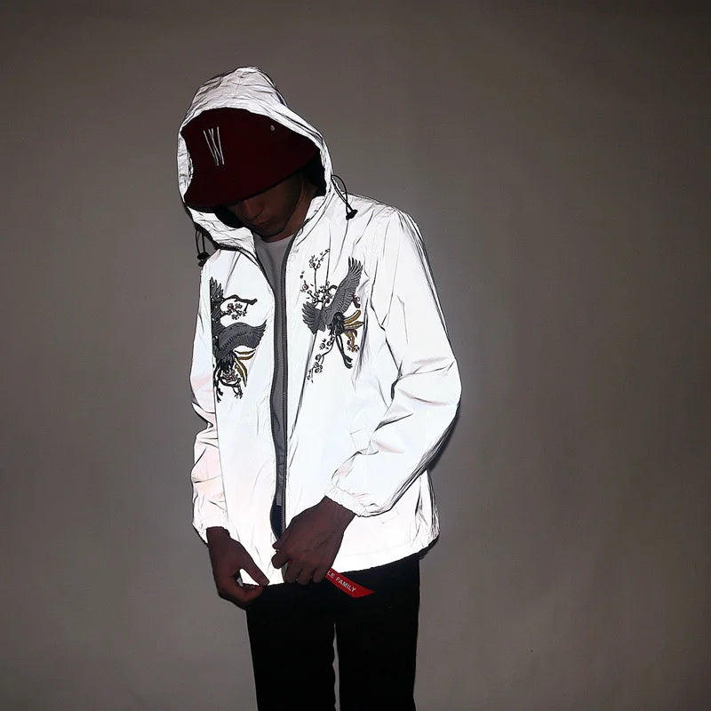 Men's Full Reflective Jacket Casual Women Windbreaker Hip Hop Hooded Coat Waterproof Printed Streetwear Night Shiny Jackets 5XL