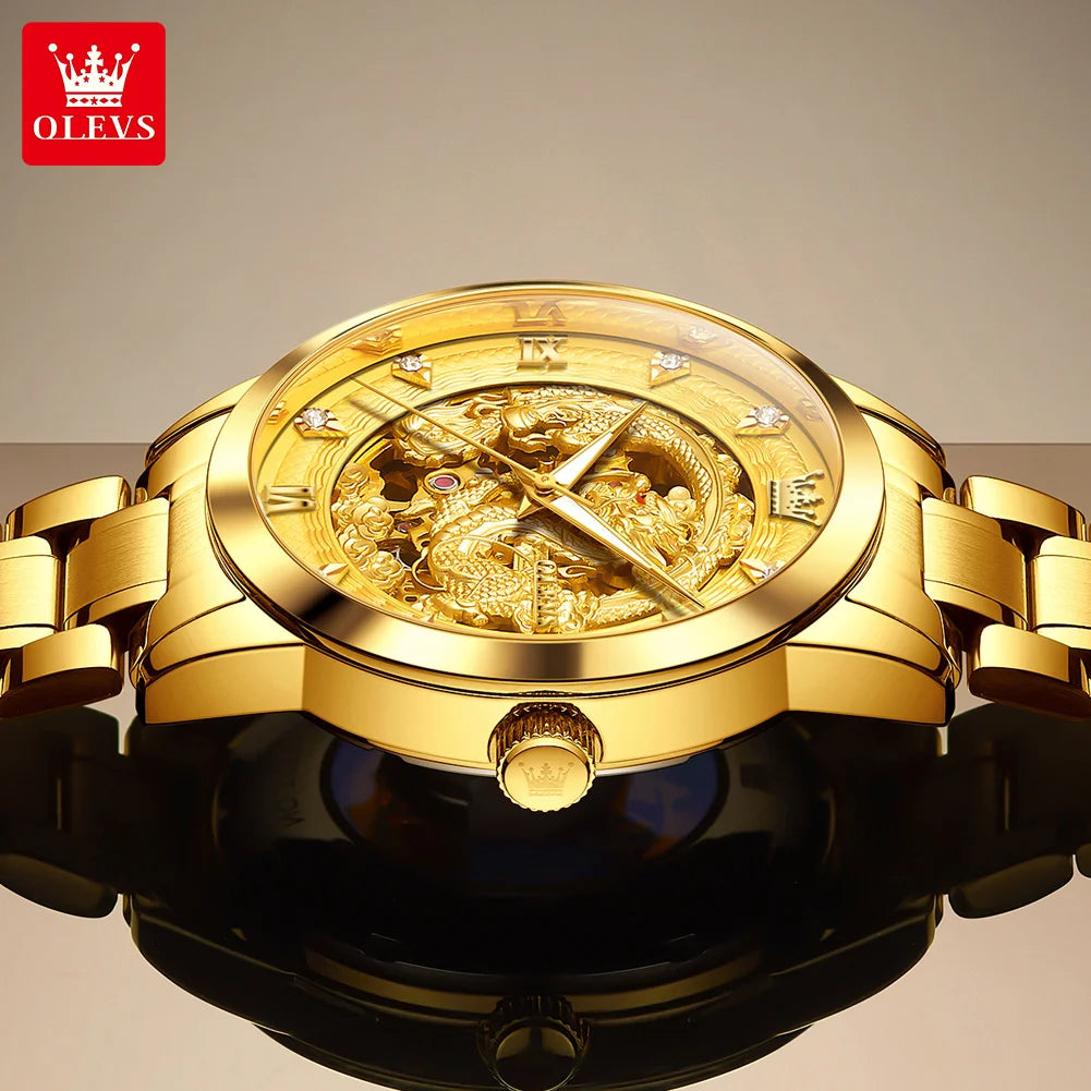 OLEVS Japan Automatic Mechanical Men's Watches High-end Luxury Brand Original Stainless Steel Hollowed Dragon Watch for Men 7027