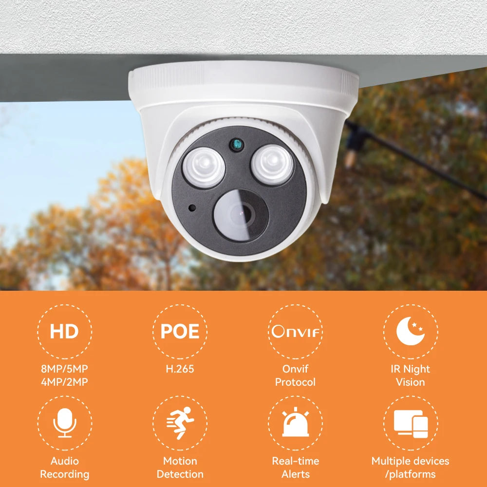 Hamrolte 8MP 4K IP Camera 5MP Dome Indoor Camera Internal Microphone Nigthvision XMeye H.265 Low Storage DC12V POE48V Optional