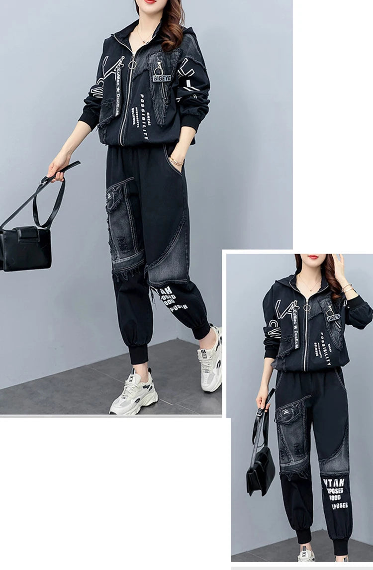 Clothing Suits 2025 Spring autumn Punk Outfits Womens Two Pieces Sets British Loose Casual Hooded Jackets Denim Pants