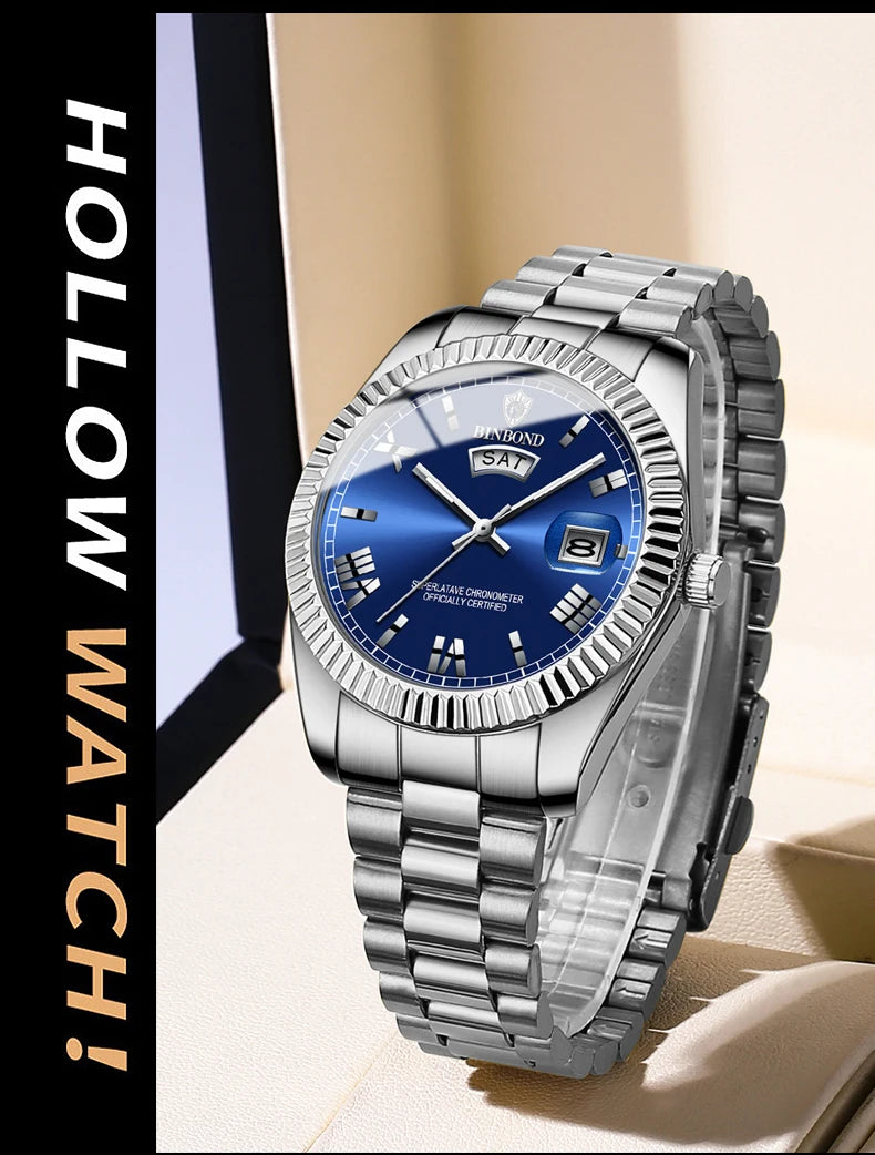 BINBOND Brand Mens Business Sports Quartz Watch Classic Waterproof Luminous Calendar Creative Clock Male Personalized Wristwatch
