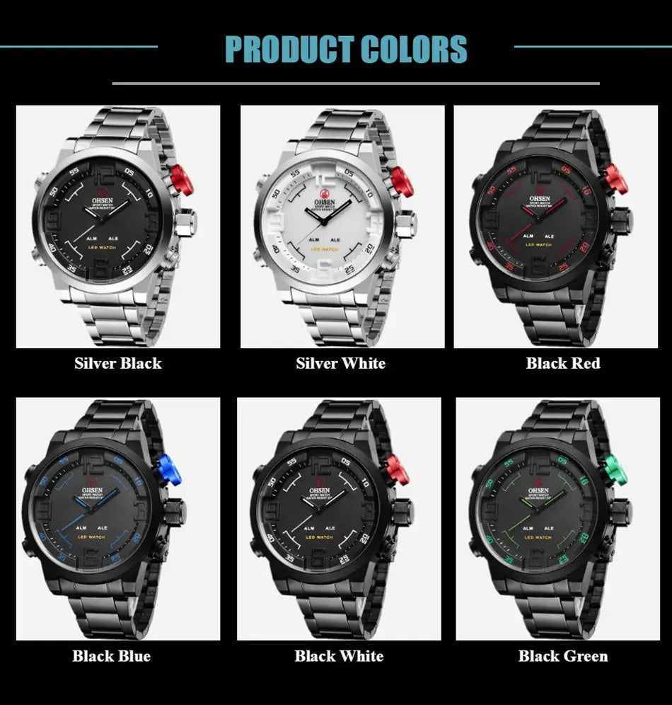 Fashion Sport Watch Men Digital Quartz LED Steel Strap Man Dual Time Watch 3ATM Waterproof Military Wristwatches Relogios