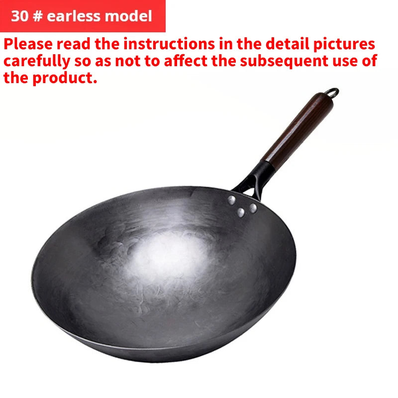 Iron Pot Household Frying Pan Traditional Hand Forged Without Coating Wooden Handle Old-style Non-iron Pot (30cm)