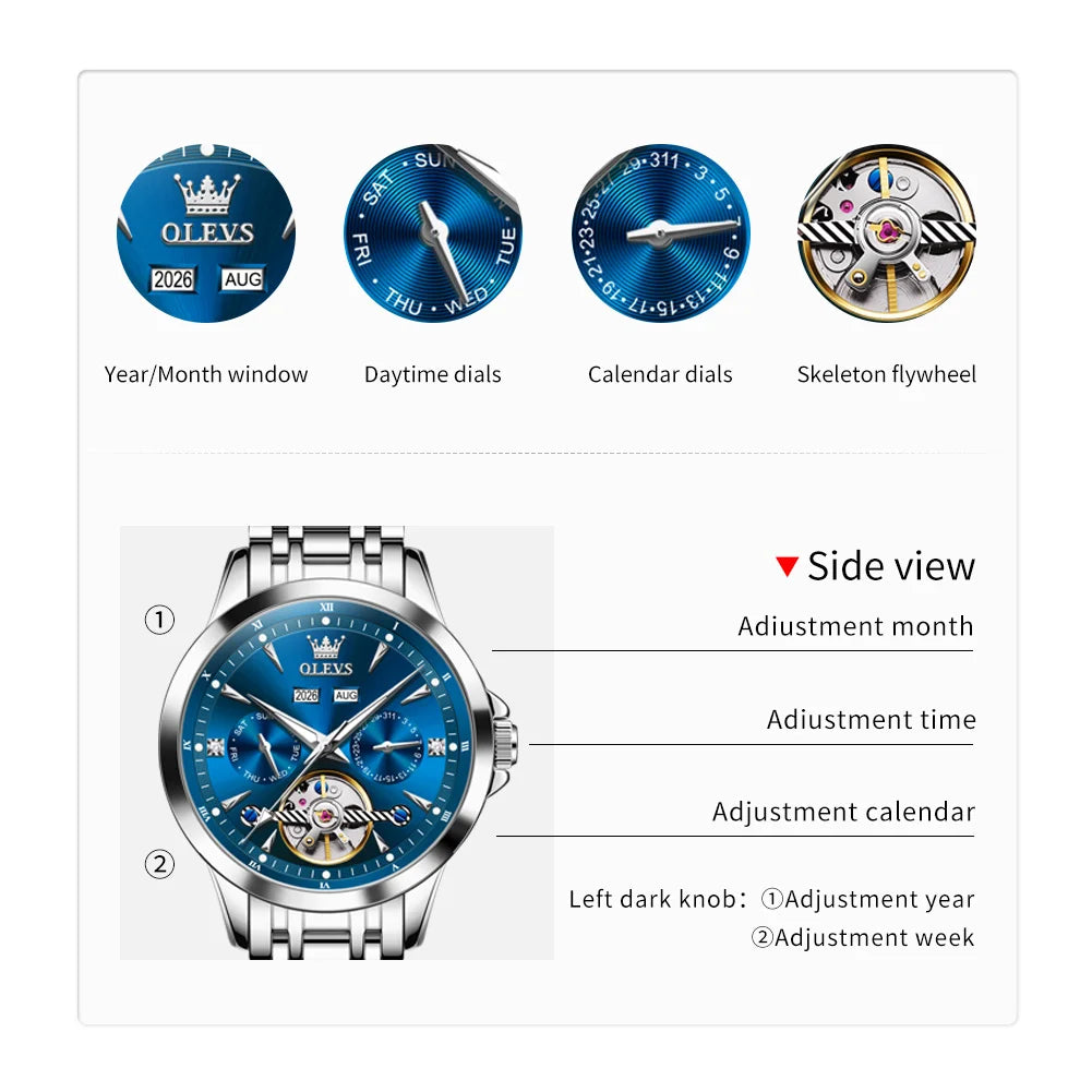OLEVS 7091 Mens Watch Original Flywheel Automatic Mechanical Watch For Man Perpetual Calendar Waterproof Luminous Luxury Reloj