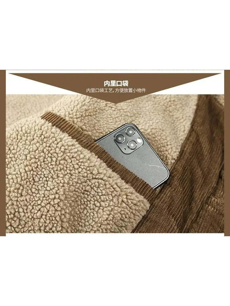 Male Cotton Jackets Padded Warm Loose Parka Coat Corduroy Short Jacket Man Solid Fur Collar Windbreaker Winter Men Fleece Jacket